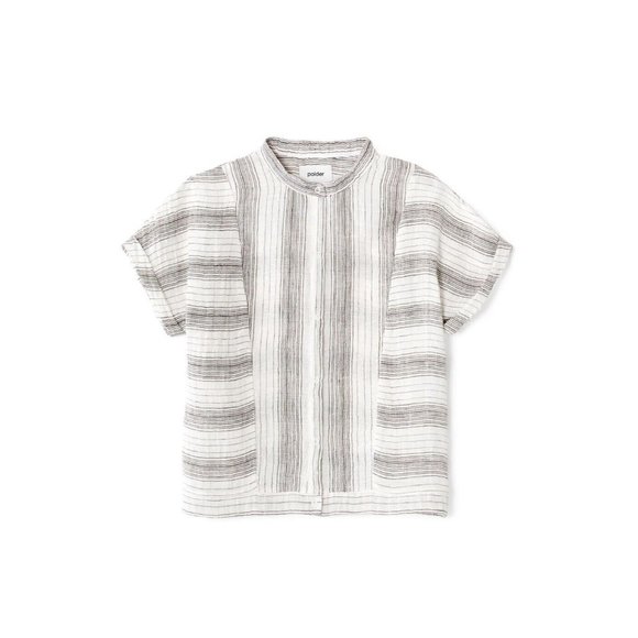 POLDER Spencer White Black Striped Linen Gauze Mandarin Collar Blouse, Size 42 - Picture 2 of 13